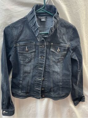 Etcetera Dark Wash Ruffle Collar Denim faded Jacket - Blue ladies sz 6